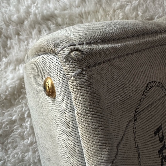 Vintage Prada Small Canapa Denim Logo Tote in Bianco Grey/white - Picture 9 of 16